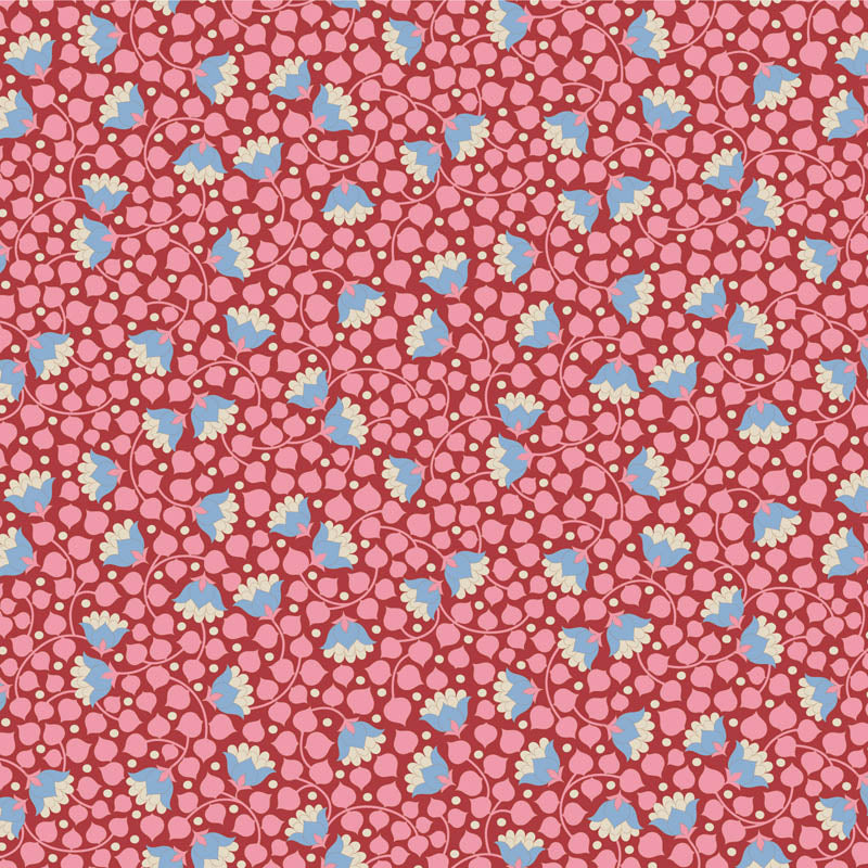 Yardage of Tilda Wallflower Blender Bellflower fabric in pink with floral print, showing a measuring scale along the edge.
Photo by Tildafabrics.com [additional_image_link]