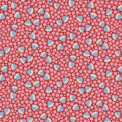 Yardage of Tilda Wallflower Blender Bellflower fabric in pink with floral print, showing a measuring scale along the edge.
Photo by Tildafabrics.com [additional_image_link]