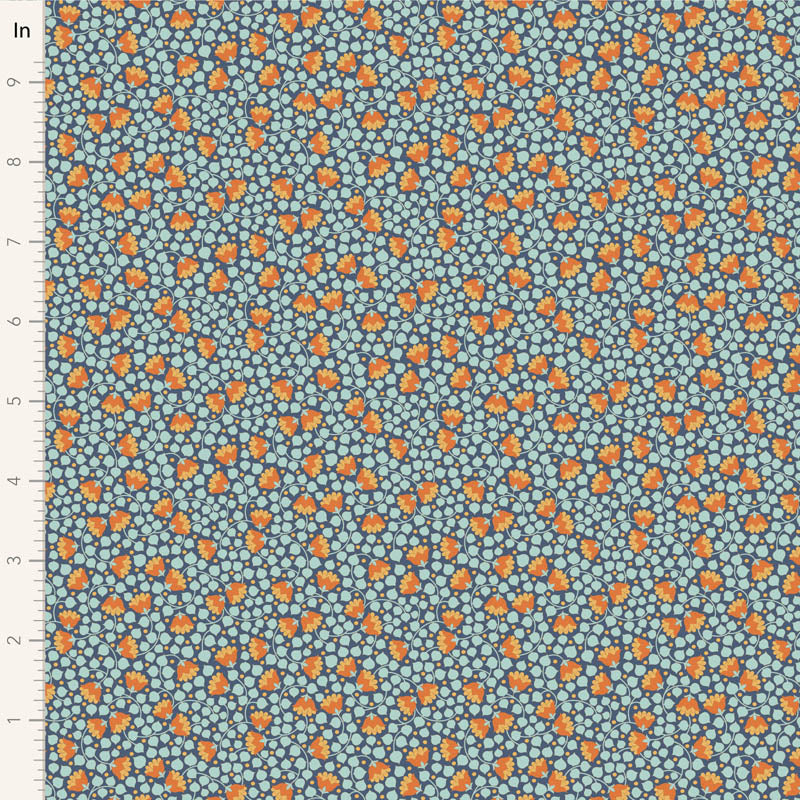 Yardage of Tilda Wallflower Blender Bellflower Prussian fabric featuring a floral pattern on a blue background.
Photo by Tildafabrics.com [image_link]