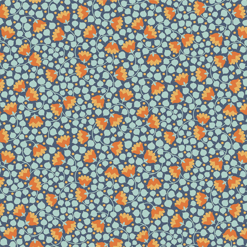 Yardage of Tilda Wallflower Blender Bellflower Prussian fabric featuring a floral pattern on a blue background.
Photo by Tildafabrics.com [additional_image_link]
