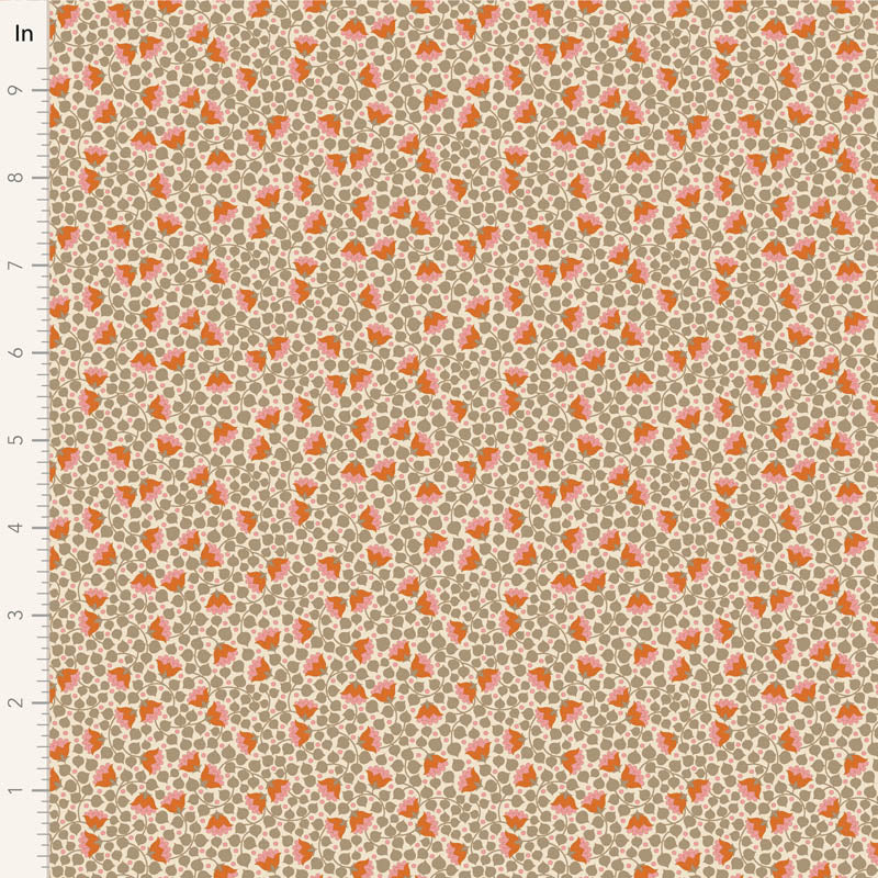 Yardage of Tilda Wallflower Blender Bellflower Sand fabric featuring a floral print on a beige background.
Photo by Tildafabrics.com [image_link]