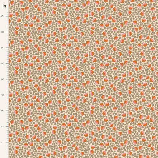 Yardage of Tilda Wallflower Blender Bellflower Sand fabric featuring a floral print on a beige background.
Photo by Tildafabrics.com [image_link]