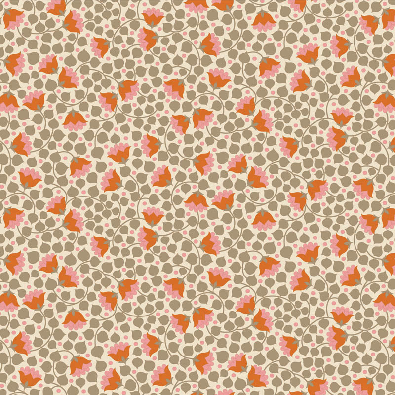 Yardage of Tilda Wallflower Blender Bellflower Sand fabric featuring a floral print on a beige background.
Photo by Tildafabrics.com [additional_image_link]