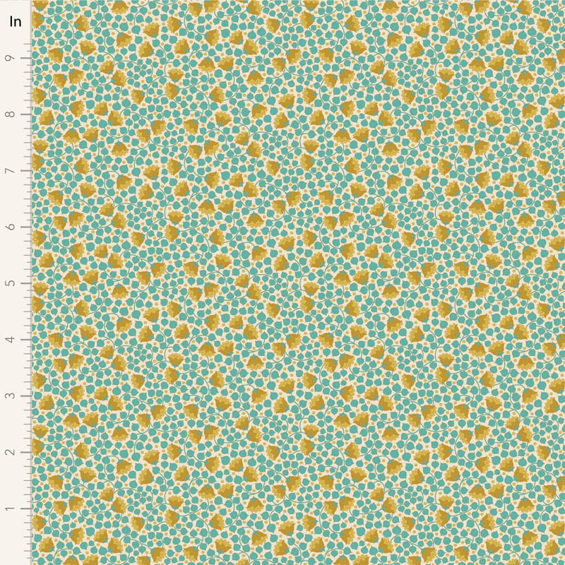 Yardage of Tilda Wallflower Blender Bellflower Teal fabric featuring a floral pattern on a teal background.
Photo by Tildafabrics.com [image_link]