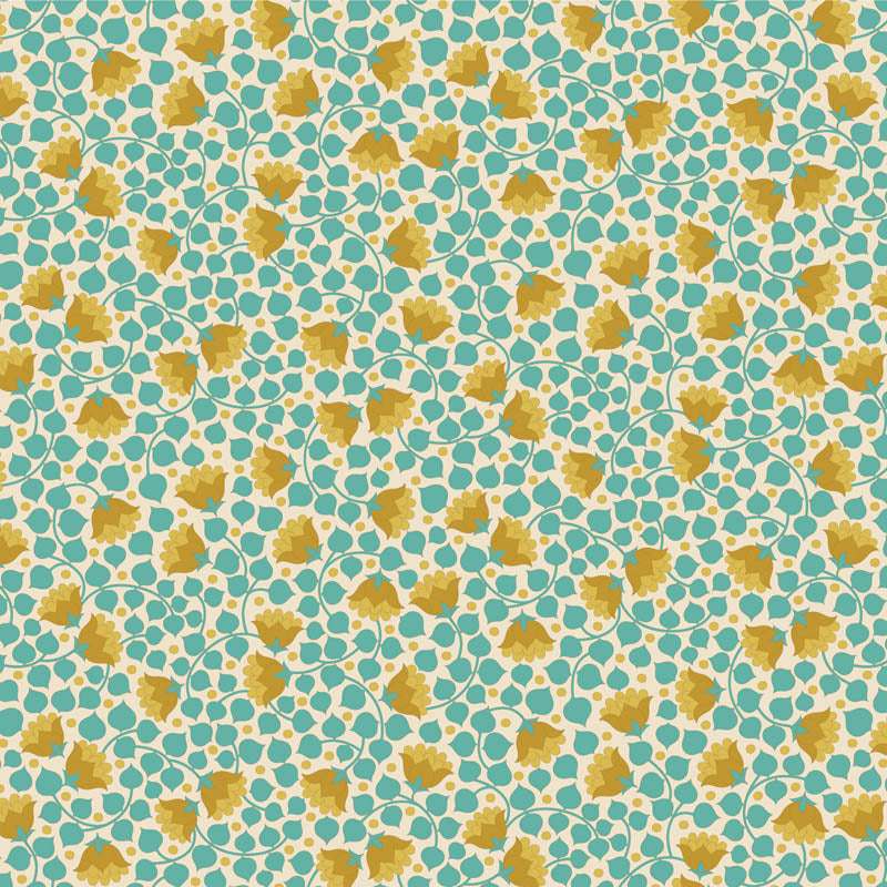 Yardage of Tilda Wallflower Blender Bellflower Teal fabric featuring a floral pattern on a teal background.
Photo by Tildafabrics.com [additional_image_link]
