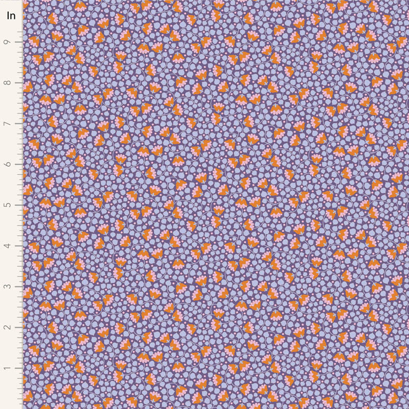 Yardage of Tilda Wallflower Blender Bellflower Thristle fabric with a floral pattern in purple and orange colors.
Photo by Tildafabrics.com [image_link]