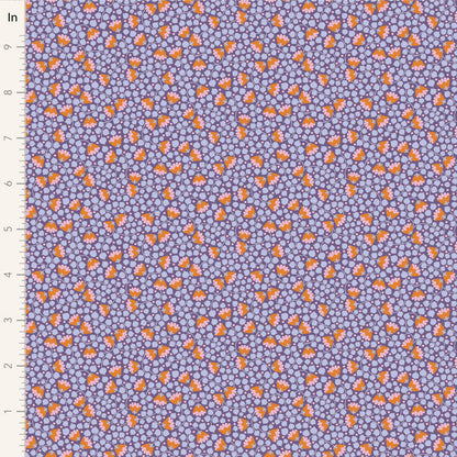Yardage of Tilda Wallflower Blender Bellflower Thristle fabric with a floral pattern in purple and orange colors.
Photo by Tildafabrics.com [image_link]