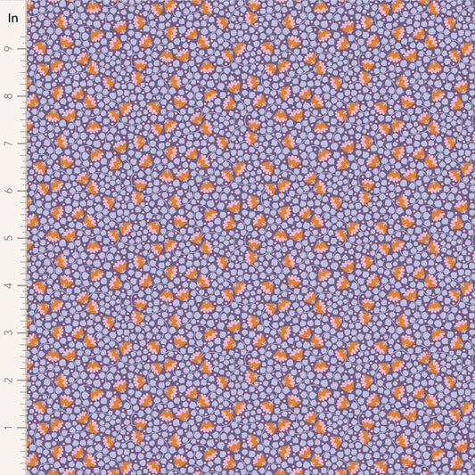 Yardage of Tilda Wallflower Blender Bellflower Thristle fabric with a floral pattern in purple and orange colors.
Photo by Tildafabrics.com [image_link]
