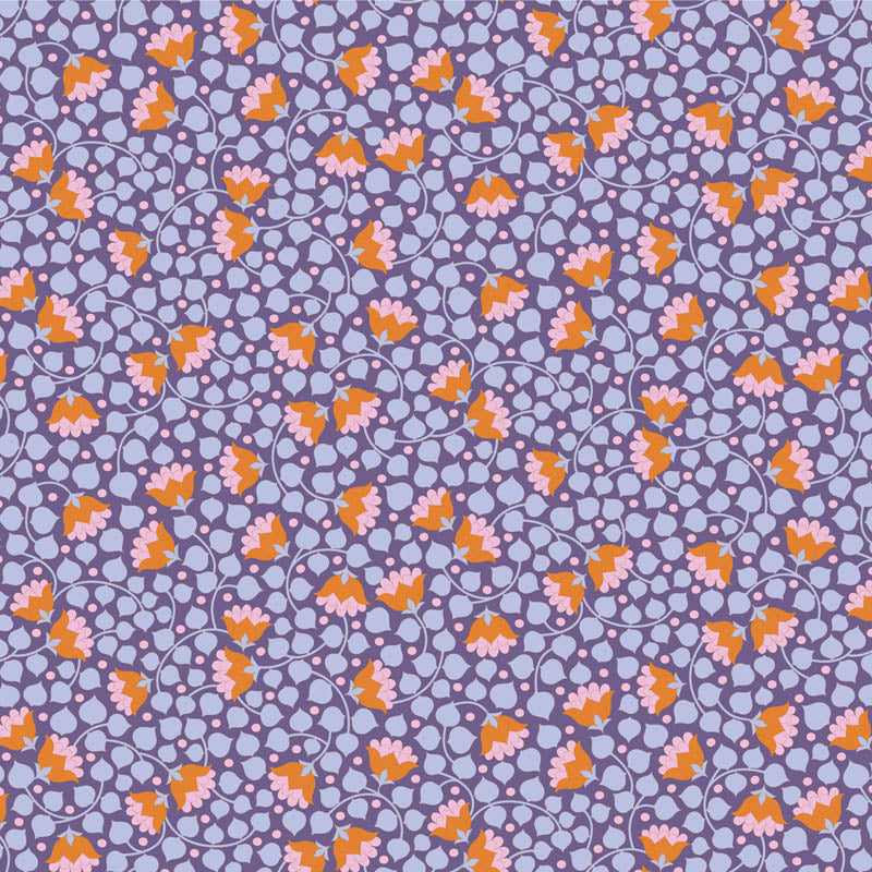 Yardage of Tilda Wallflower Blender Bellflower Thristle fabric with a floral pattern in purple and orange colors.
Photo by Tildafabrics.com [additional_image_link]