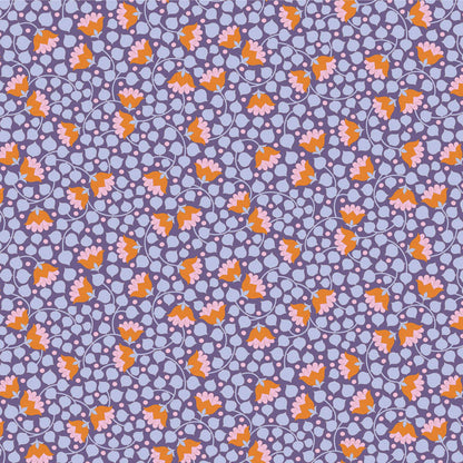 Yardage of Tilda Wallflower Blender Bellflower Thristle fabric with a floral pattern in purple and orange colors.
Photo by Tildafabrics.com [additional_image_link]