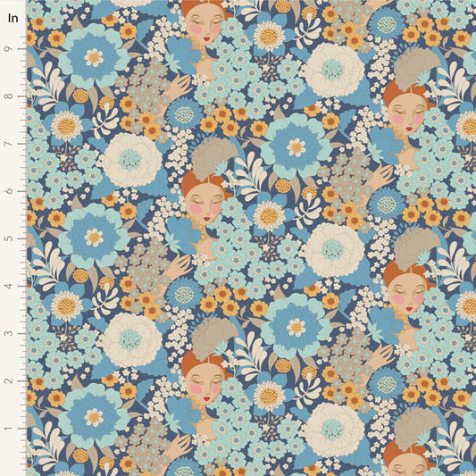 A close-up of a printed fabric pattern featuring stylized women in floral arrangements, with a blue, aqua, cream, and mustard color palette. A white ruler with inch markings is visible along the left edge.
Photo by Tildafabrics.com [image_link]