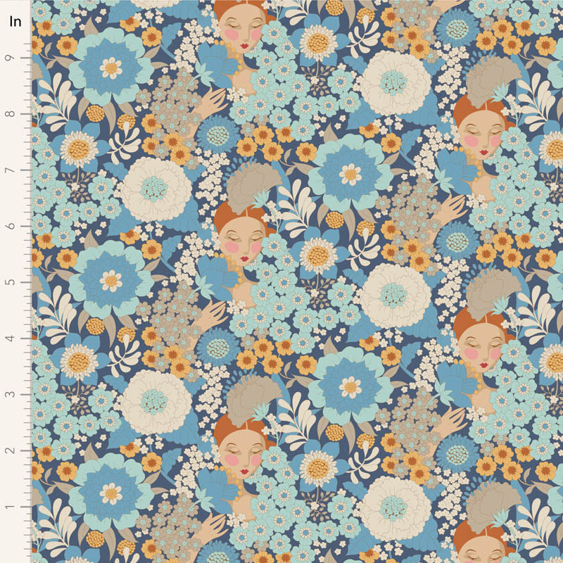 Yardage of Tilda Wallflower Blue fabric featuring a floral pattern with faces and flowers in blue, beige, and green colors on a fabric measuring scale.
Photo by Tildafabrics.com [image_link]