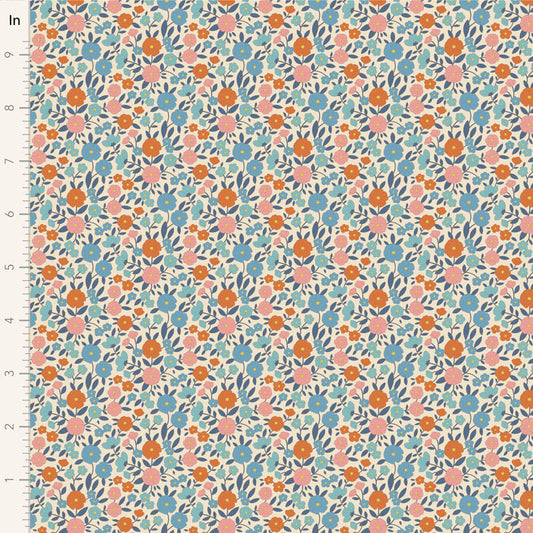 Yardage of Tilda Wallflower Janice Blue fabric featuring a floral print with blue, orange, and pink flowers on a beige background.
Photo by Tildafabrics.com [image_link]