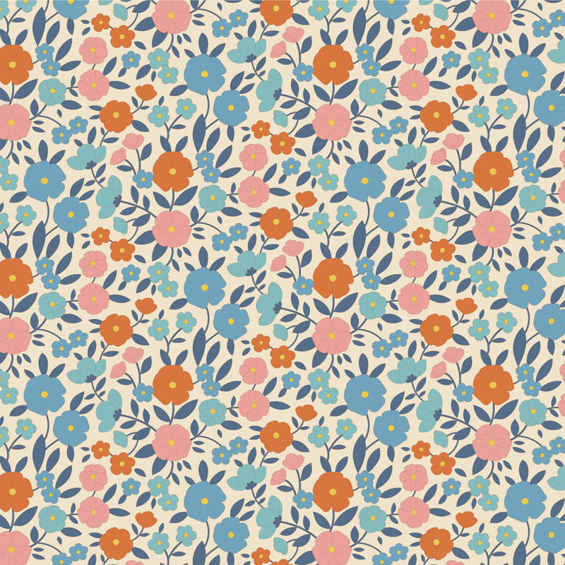 Yardage of Tilda Wallflower Janice Blue fabric featuring a floral print with blue, orange, and pink flowers on a beige background.
Photo by Tildafabrics.com [additional_image_link]