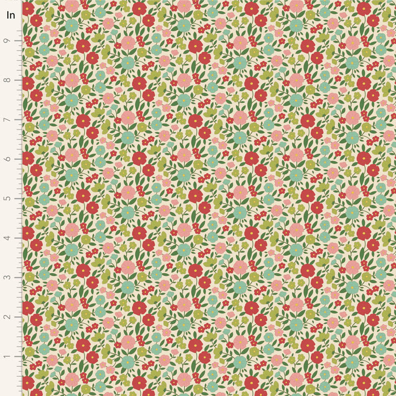 Yardage of Tilda Wallflower Janice Green fabric featuring a floral pattern with green, red, and pink colors on a fabric measuring scale.
Photo by Tildafabrics.com [image_link]