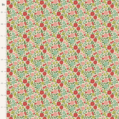 Yardage of Tilda Wallflower Janice Green fabric featuring a floral pattern with green, red, and pink colors on a fabric measuring scale.
Photo by Tildafabrics.com [image_link]