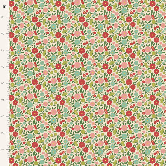 Yardage of Tilda Wallflower Janice Green fabric featuring a floral pattern with green, red, and pink colors on a fabric measuring scale.
Photo by Tildafabrics.com [image_link]