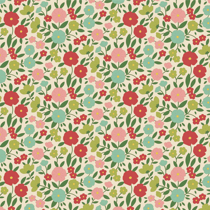 Yardage of Tilda Wallflower Janice Green fabric featuring a floral pattern with green, red, and pink colors on a fabric measuring scale.
Photo by Tildafabrics.com [additional_image_link]