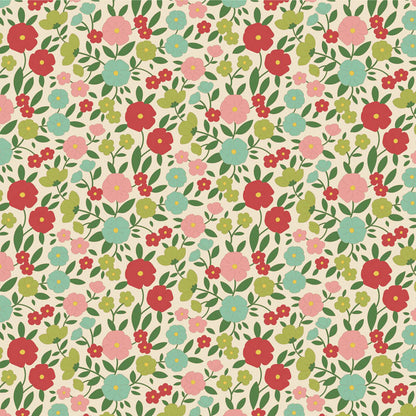Yardage of Tilda Wallflower Janice Green fabric featuring a floral pattern with green, red, and pink colors on a fabric measuring scale.
Photo by Tildafabrics.com [additional_image_link]