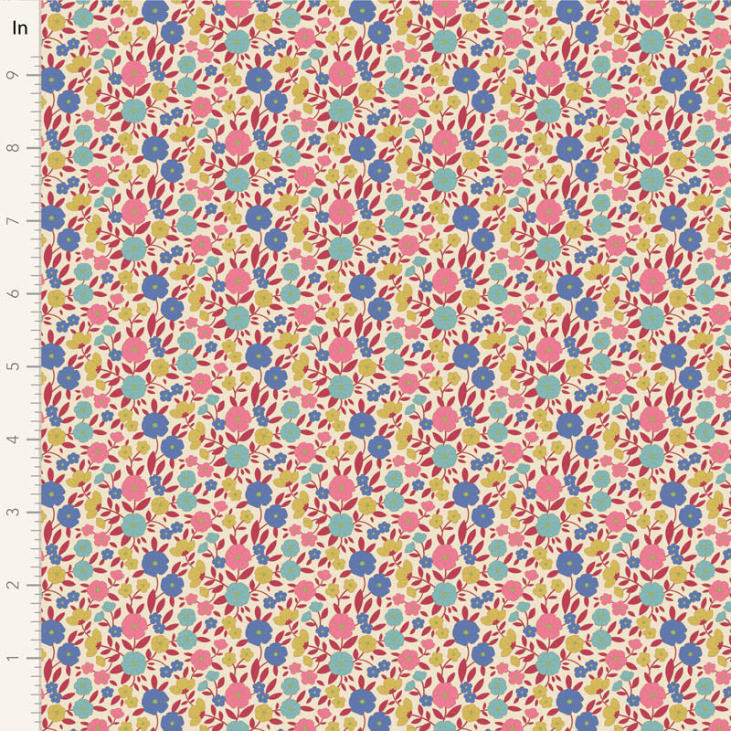 Yardage of Tilda Wallflower Janice Red fabric featuring a floral print with red, blue, and pink flowers on a yellow background.
Photo by Tildafabrics.com [image_link]