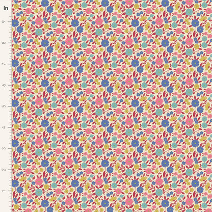 Yardage of Tilda Wallflower Janice Red fabric featuring a floral print with red, blue, and pink flowers on a yellow background.
Photo by Tildafabrics.com [image_link]