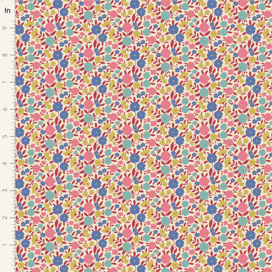 Yardage of Tilda Wallflower Janice Red fabric featuring a floral print with red, blue, and pink flowers on a yellow background.
Photo by Tildafabrics.com [image_link]