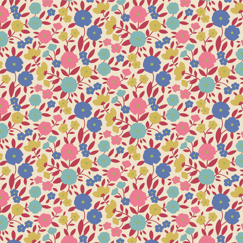 Yardage of Tilda Wallflower Janice Red fabric featuring a floral print with red, blue, and pink flowers on a yellow background.
Photo by Tildafabrics.com [additional_image_link]