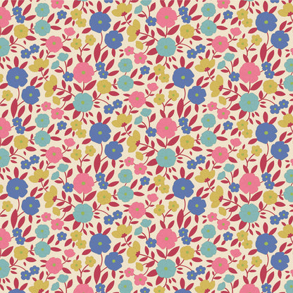 Yardage of Tilda Wallflower Janice Red fabric featuring a floral print with red, blue, and pink flowers on a yellow background.
Photo by Tildafabrics.com [additional_image_link]