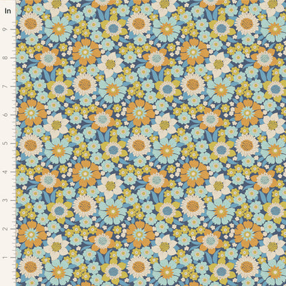 Yardage of floral print fabric in blue, orange, and other colors, with a measuring scale along the edge.
Photo by Tildafabrics.com [image_link]