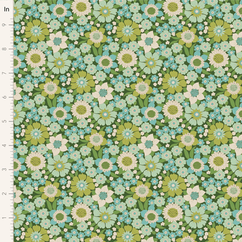 Yardage of floral print fabric with green, blue, and beige flowers on a green background.
Photo by Tildafabrics.com [image_link]