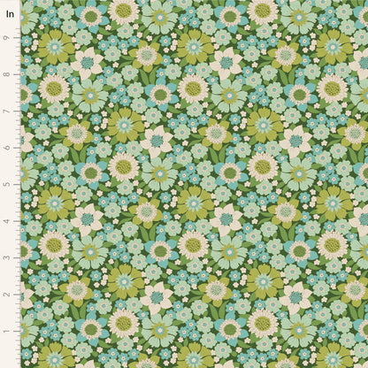 Yardage of floral print fabric with green, blue, and beige flowers on a green background.
Photo by Tildafabrics.com [image_link]