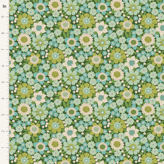 Yardage of floral print fabric with green, blue, and beige flowers on a green background.
Photo by Tildafabrics.com [image_link]