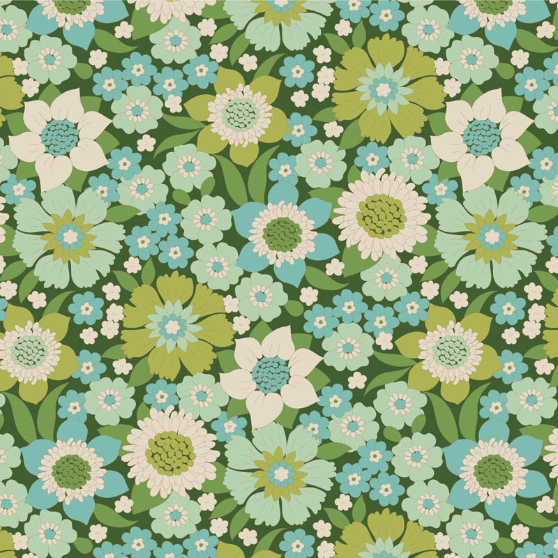 Yardage of floral print fabric with green, blue, and beige flowers on a green background.
Photo by Tildafabrics.com [additional_image_link]