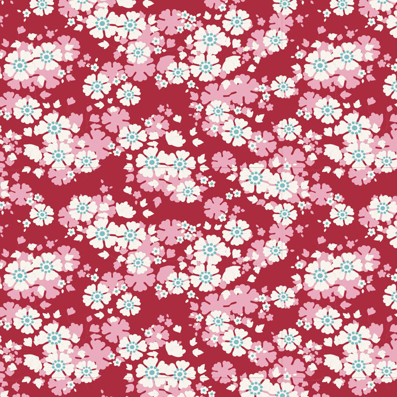 Floral pattern with pink and white flowers on a red background.
Photo by Tildafabrics.com [image_link]
