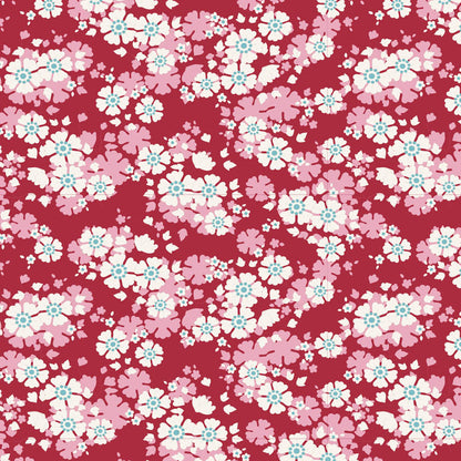 Floral pattern with pink and white flowers on a red background.
Photo by Tildafabrics.com [image_link]