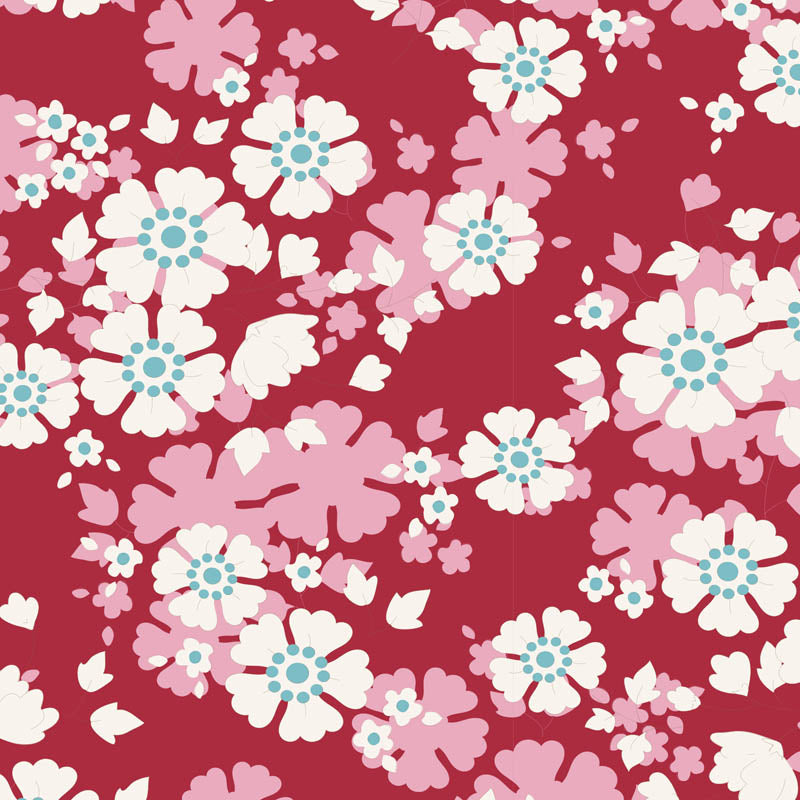 A repeating floral pattern featuring stylized white and light pink flowers with light blue centers on a deep red background.
Photo by Tildafabrics.com [additional_image_link]
