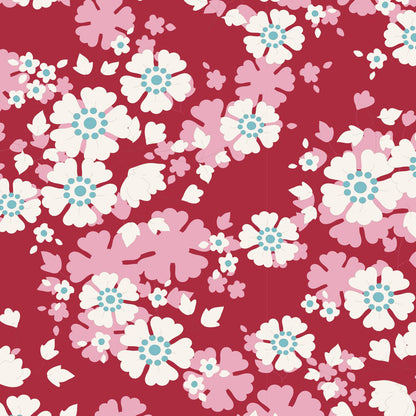 A repeating floral pattern featuring stylized white and light pink flowers with light blue centers on a deep red background.
Photo by Tildafabrics.com [additional_image_link]
