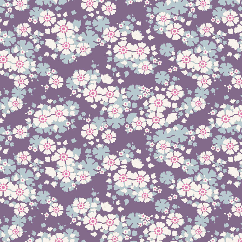 A repeating floral pattern featuring light blue and white blossoms with pink centers on a solid purple background.
Photo by Tildafabrics.com [image_link]