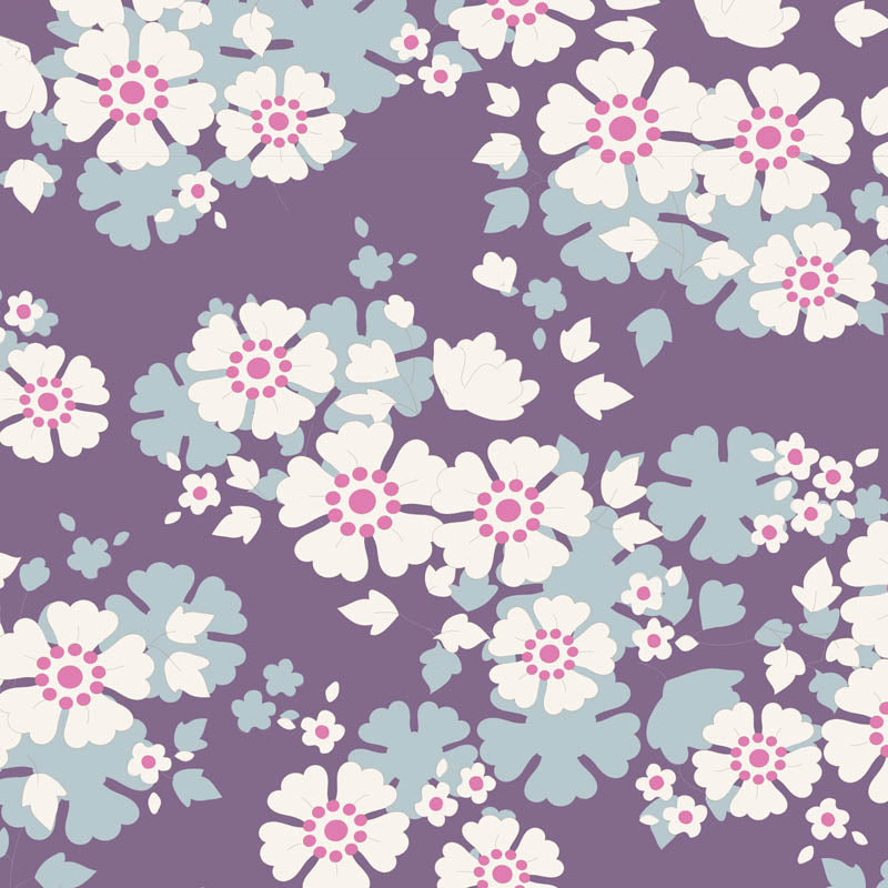 A repeating retro floral pattern featuring white flowers with pink centers and light blue-green leaves on a solid purple background.
Photo by Tildafabrics.com [additional_image_link]