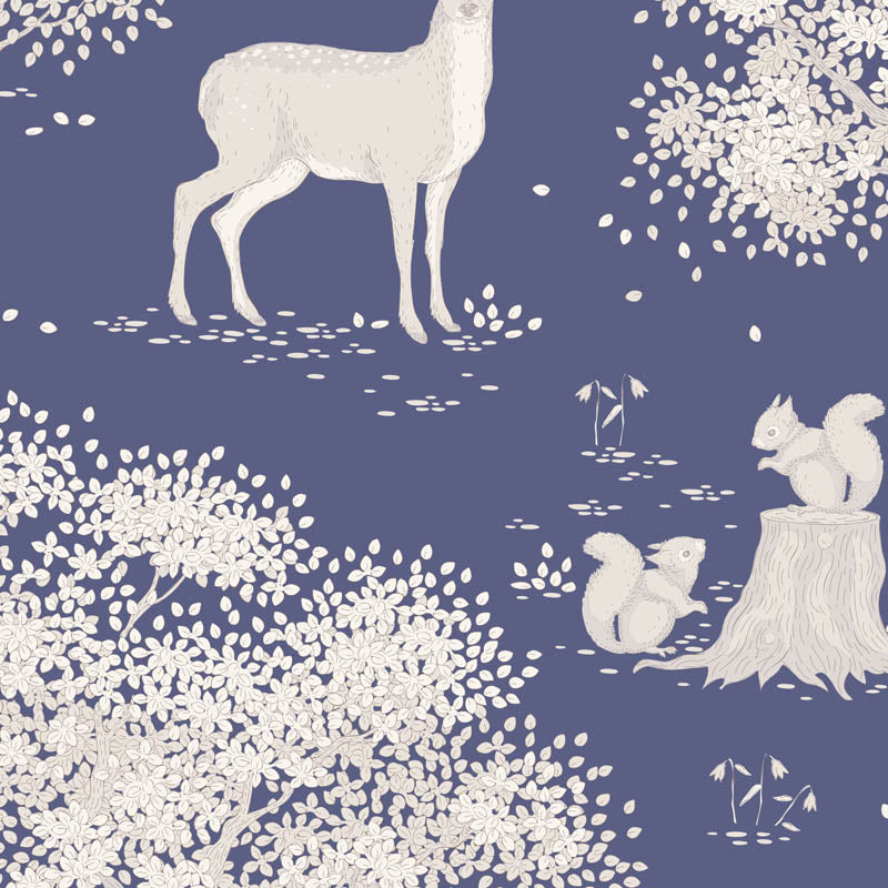 A stylized illustration of a rabbit, a flying bird, a dandelion, and hanging leaves on a tree against a muted blue background.
Photo by Tildafabrics.com [image_link]