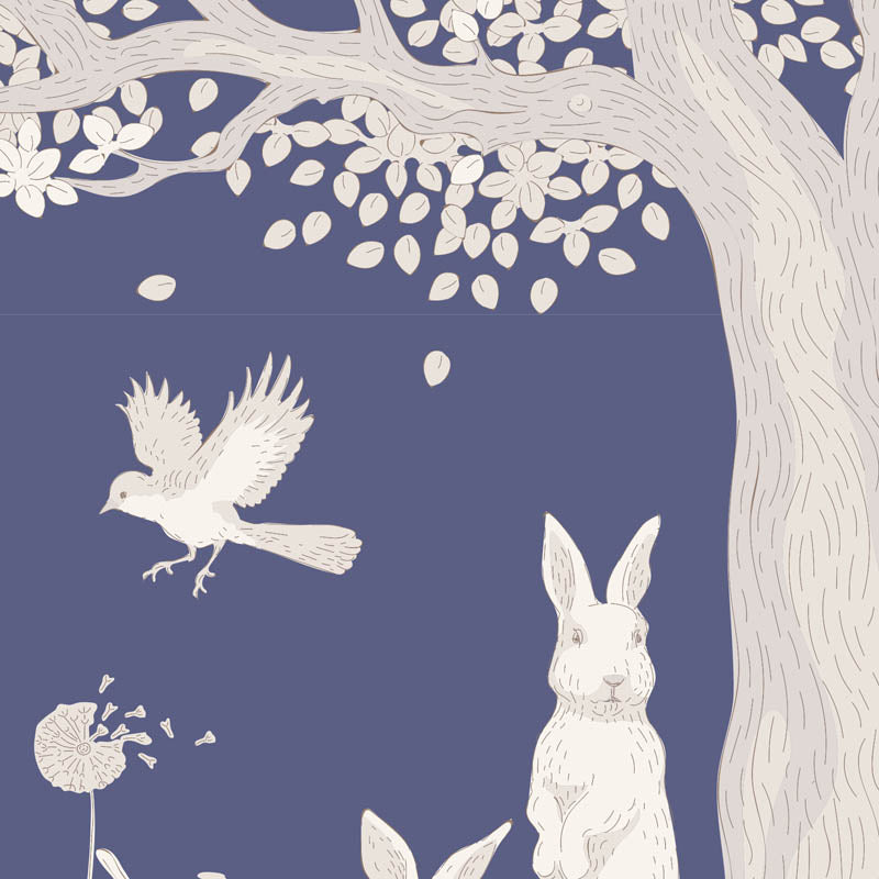 A stylized illustration of a rabbit, a flying bird, a dandelion, and hanging leaves on a tree against a muted blue background.
Photo by Tildafabrics.com [additional_image_link]