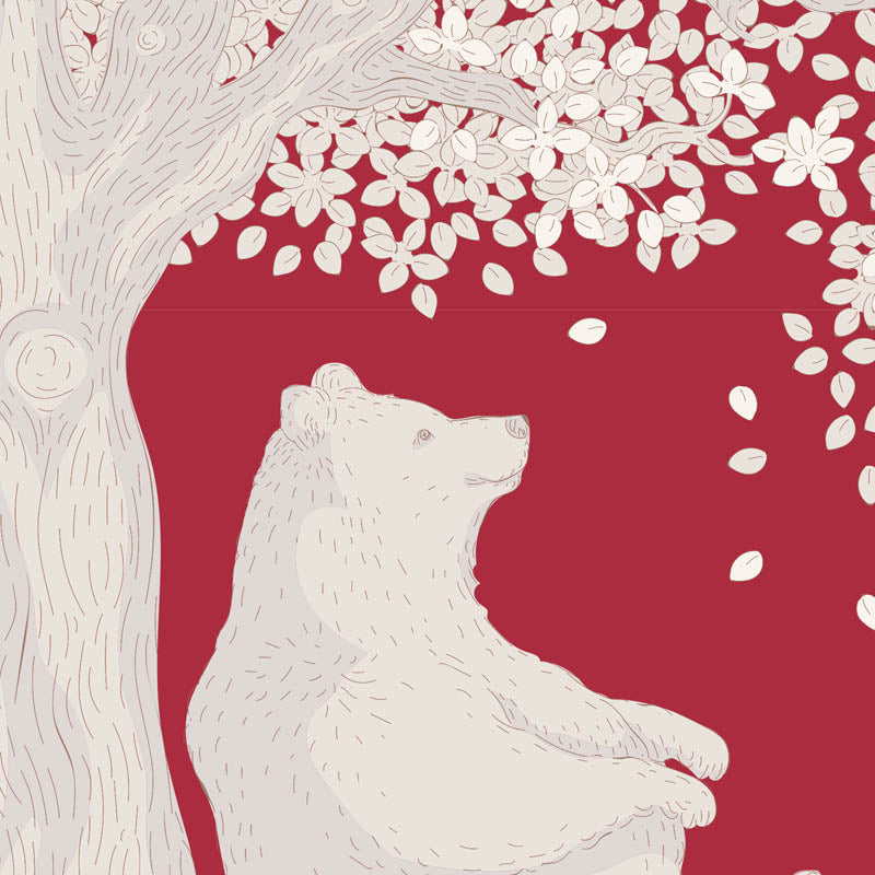 A stylized illustration of a white polar bear sitting beneath a tree with white blossoms against a deep red background.
Photo by Tildafabrics.com [additional_image_link]