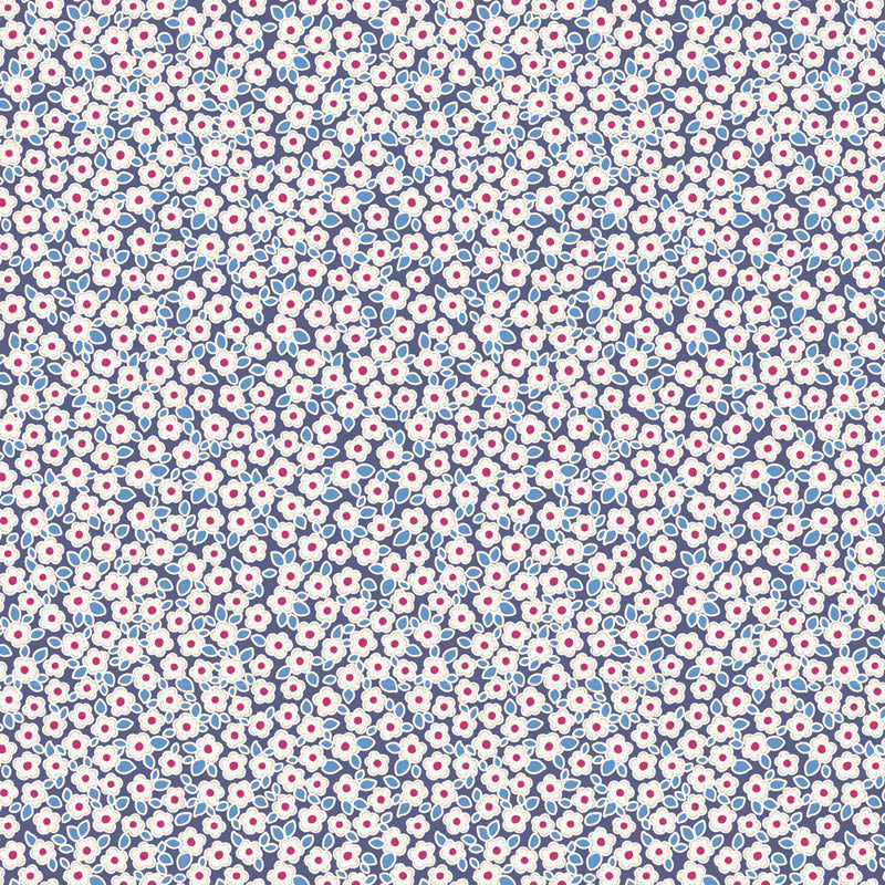 A repeating floral pattern featuring white flowers with pink centers and light blue leaves on a dark navy background.
Photo by Tildafabrics.com [image_link]
