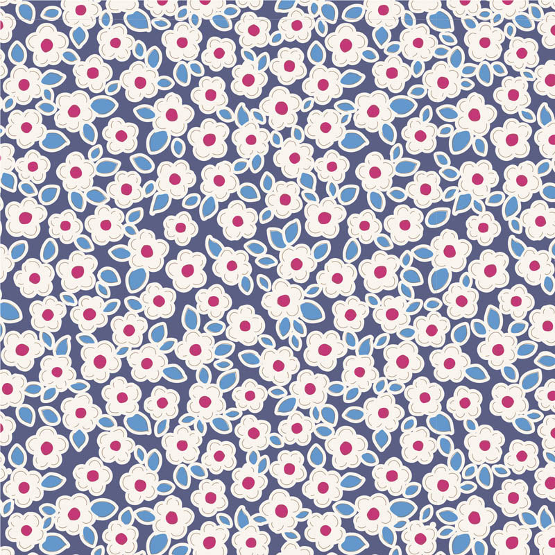 A repeating floral pattern featuring white flowers with pink centers and light blue leaves on a dark navy background.
Photo by Tildafabrics.com [additional_image_link]