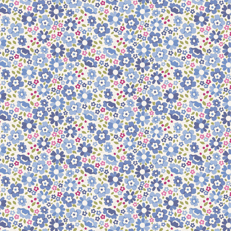 A seamless floral pattern featuring small blue, lavender, pink, and white flowers with green leaves on a white background.
Photo by Tildafabrics.com [image_link]