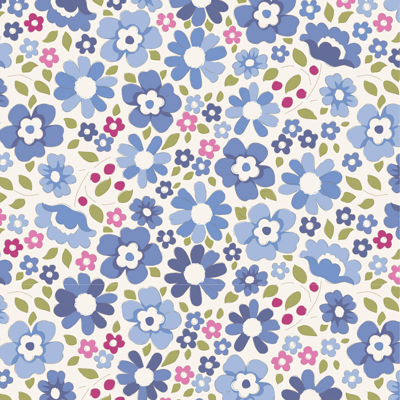 A repeating floral pattern featuring large and small blue flowers with white centers, pink blossoms, green leaves, and tiny red berries on an off-white background.
Photo by Tildafabrics.com [additional_image_link]