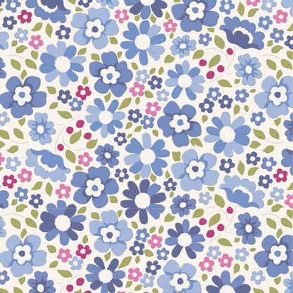 A repeating floral pattern featuring large and small blue flowers with white centers, pink blossoms, green leaves, and tiny red berries on an off-white background.
Photo by Tildafabrics.com [additional_image_link]