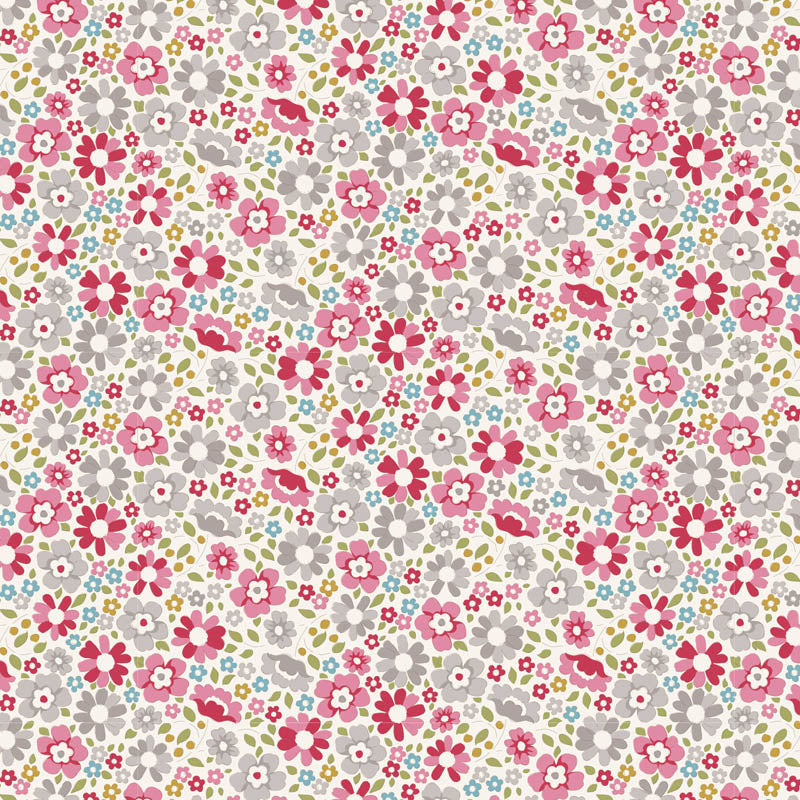 A repeating floral pattern featuring pink, red, white, light blue, and gray flowers with small green leaves on a white background.
Photo by Tildafabrics.com [image_link]