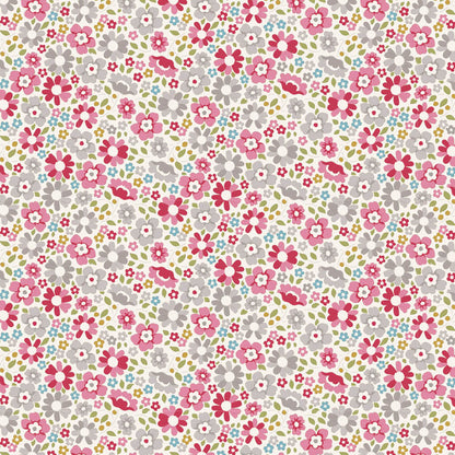 A repeating floral pattern featuring pink, red, white, light blue, and gray flowers with small green leaves on a white background.
Photo by Tildafabrics.com [image_link]