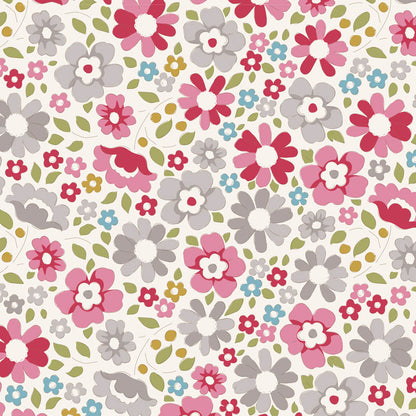 A repeating floral pattern featuring stylized dais flowers in pink, red, gray, blue, yellow, and green on an off-white background.
Photo by Tildafabrics.com [additional_image_link]